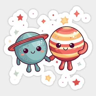 Cute Planets Holding Hands Sticker